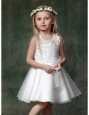 Short White Beaded Flower Girl Dress with Lace Bodice