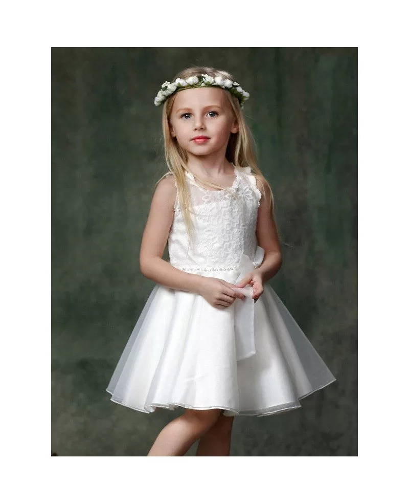 Short White Beaded Flower Girl Dress with Lace Bodice - GemGrace
