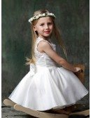 Short White Beaded Flower Girl Dress with Lace Bodice