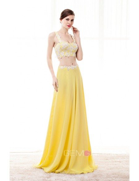 Two-Pieces Sweetheart Sweep Train Prom Dress With Beading Appliquer Lace
