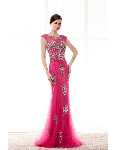 Sheath Scoop Neck Sweep Train Tulle Prom Dress With Beading Sequins