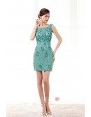 Sheath Scoop Neck Short Lace Prom Dress With Beading