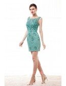 Sheath Scoop Neck Short Lace Prom Dress With Beading