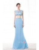 Two-Pieces Scoop Neck Floor-Length Tulle Prom Dress With Beading Sequins