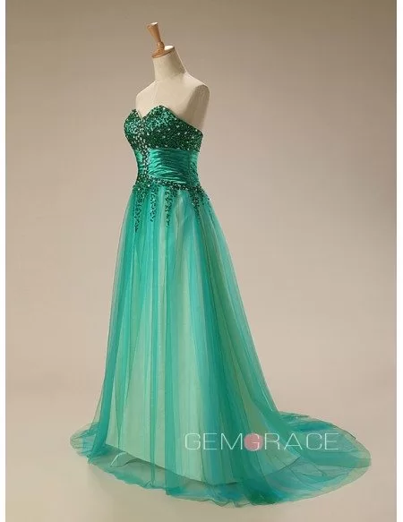 A-Line Sweetheart Sweep Train Tulle Prom Dress With Beading Sequins