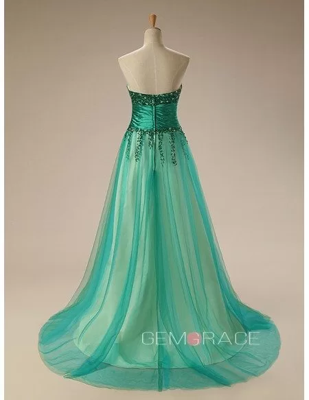 A-Line Sweetheart Sweep Train Tulle Prom Dress With Beading Sequins
