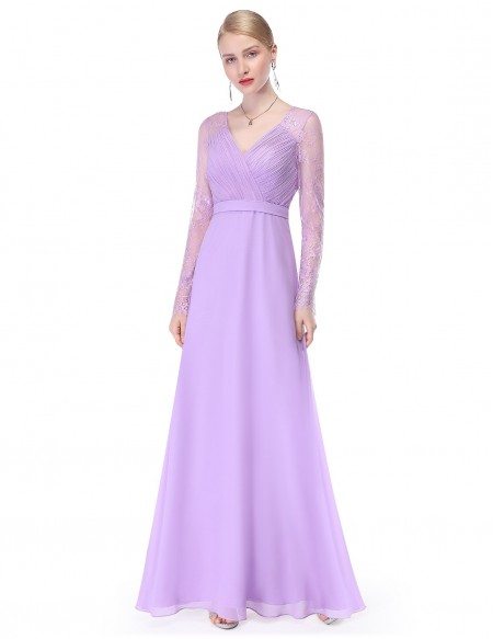 A-line V-neck Floor-length Chiffon Formal Dress With Long Sleeves # ...