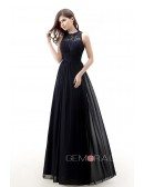 A-Line Scoop Neck Sweep Train Chiffon Prom Dress With Appliquer Lace