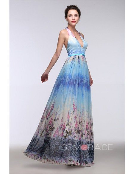 A-Line Halter Floor-Length Chiffon Floral Print Prom Dress