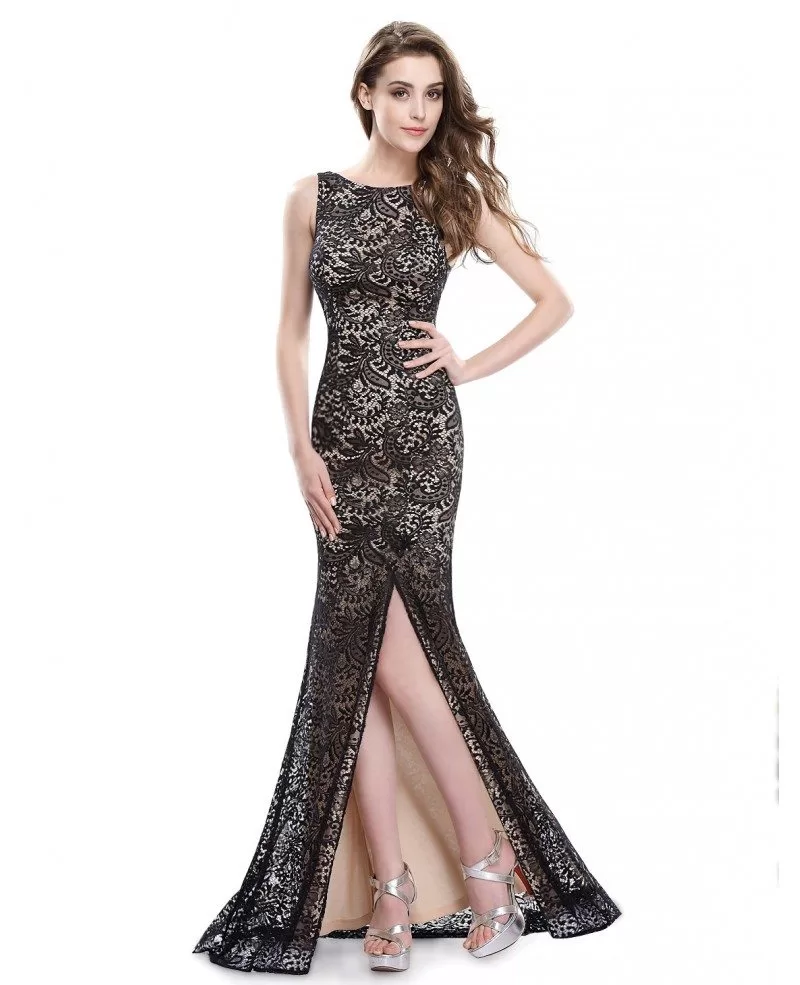 Sexy Mermaid Scoop Neck Floor Length Lace Evening Dress With Split Front Ep08859bk 63 0309