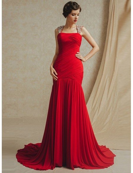 Red Pleated Mermaid Fitted Long Train Chiffon Bridal Party Dress
