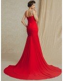Red Pleated Mermaid Fitted Long Train Chiffon Bridal Party Dress