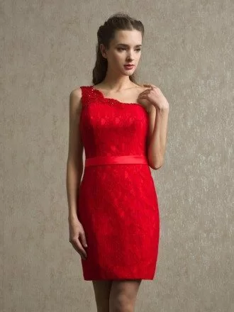 Little Red One Shoulder Sheath Lace Short Bridesmaid Dress with Sash