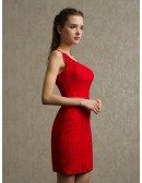 Little Red One Shoulder Sheath Lace Short Bridesmaid Dress with Sash