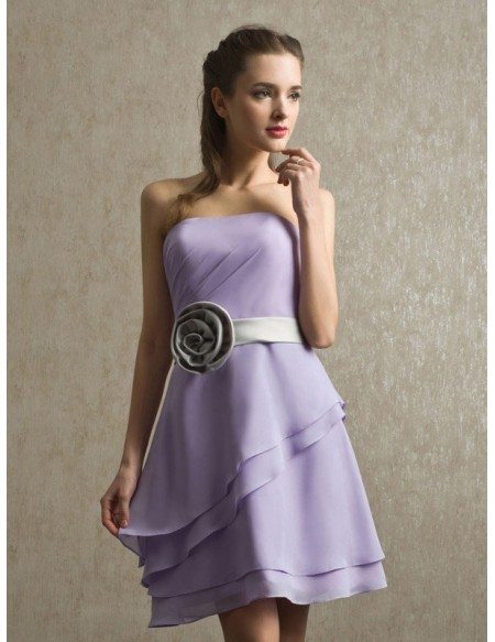 Strapless Ruffled Lavender Chiffon Short Bridesmaid Dress with Sash