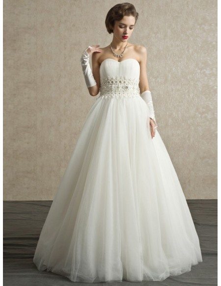 Sweetheart Beaded Pearls Long Tulle Ballgown Wedding Dress