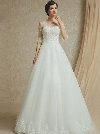 Modest Sheer Sleeve Lace Trim Ballgown Wedding Dress