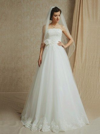 Lace Trim Long Tulle Empire Waist Wedding Dress Strapless with Sash