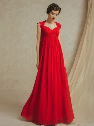 Long Red Chiffon Empire Waist Maternity Wedding Party Dress