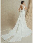 Modest Lace Short Sleeves Mermaid Long Train Wedding Dress with Bow