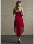 Red Chiffon High Low Strapless Bridesmaid Dress Short Front Long Back