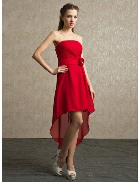 Red Chiffon High Low Strapless Bridesmaid Dress Short Front Long Back