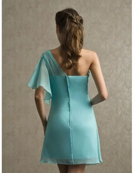 One Ruffled Sleeve Pool Blue Chiffon Bridesmaid Dress