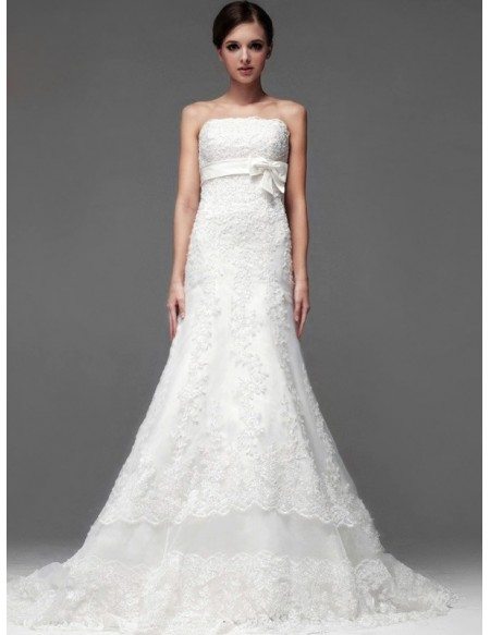 Full Beaded Lace Strapless Trumpet Wedding Dress with Sash