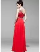Sequined One Shoulder Long Chiffon Pleated Bridal Party Dress