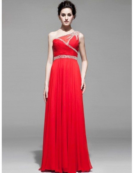 Sequined One Shoulder Long Chiffon Pleated Bridal Party Dress