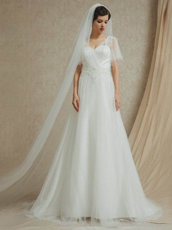 Butterfly Sleeve Elegant Beaded Long Tulle Wedding Dress #BS052 $268.9 ...