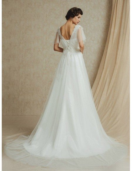 Butterfly Sleeve Elegant Beaded Long Tulle Wedding Dress