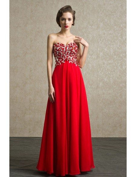 Red Beaded Stones Sweetheart Long Chiffon Bridal Party Dress #BS056 ...
