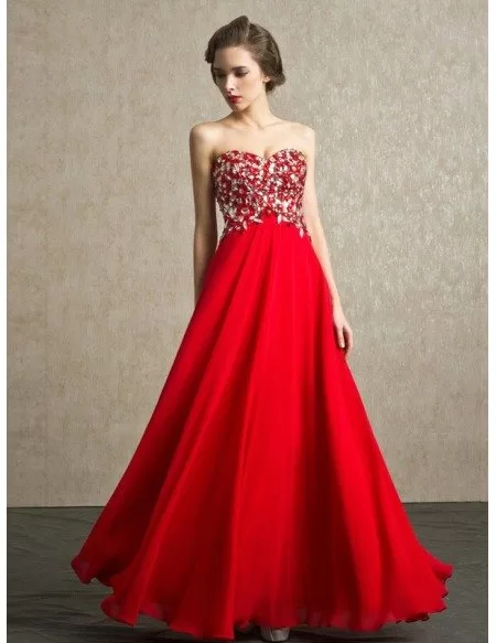 Red Beaded Stones Sweetheart Long Chiffon Bridal Party Dress #BS056 ...