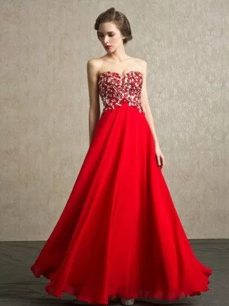 Red Beaded Stones Sweetheart Long Chiffon Bridal Party Dress