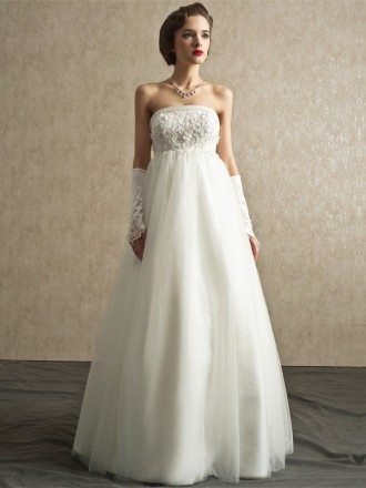 Gorgeous Long Tulle Sequined Lace Empire Maternity Wedding Dress