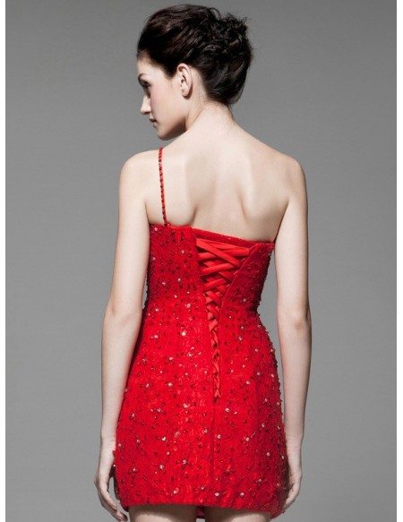 Sequined Little Red Lace Sheath One Shoulder Bridal Party Dress