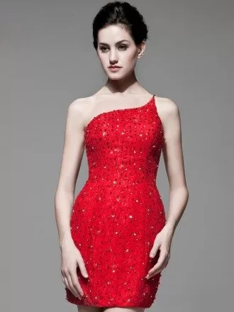 Sequined Little Red Lace Sheath One Shoulder Bridal Party Dress