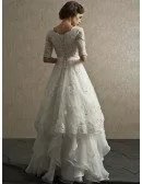 Modest Lace Short Half Sleeve High Neck Wedding Dress with Ruffles