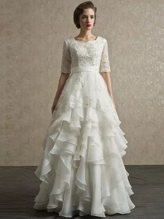 Modest Lace Short Half Sleeve High Neck Wedding Dress with Ruffles