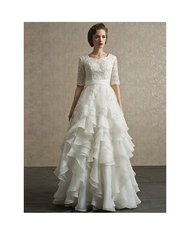 Modest Lace Short Half Sleeve High Neck Wedding Dress with
