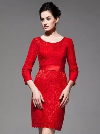 Red Boat Neck Three Quarter Lace Sleeve Sheath Bridal Party Dress