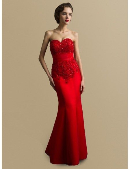 Sweetheart Sequined Lace Long Mermaid Satin Red Bridal Dress