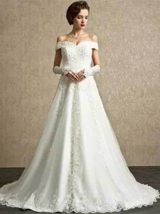 Popular Lace Off the Shoulder A-line Sweep Train Wedding Dress