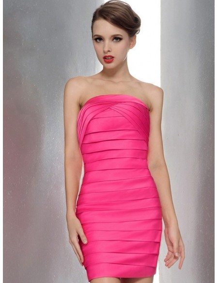 Little Hot Pink Sheath Pleated Satin Strapless Bridal Party Dress