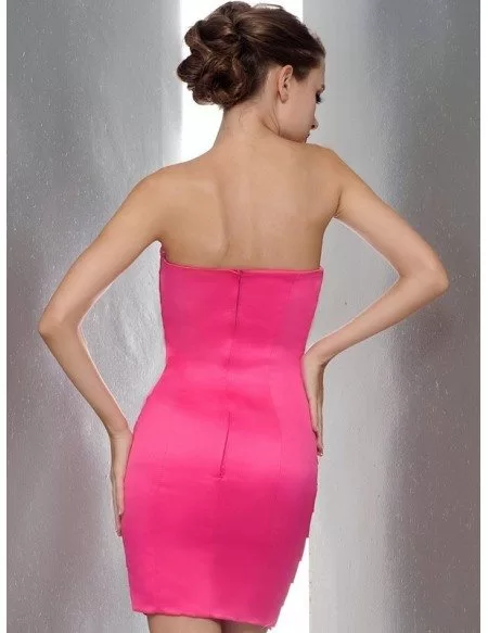 Little Hot Pink Sheath Pleated Satin Strapless Bridal Party Dress