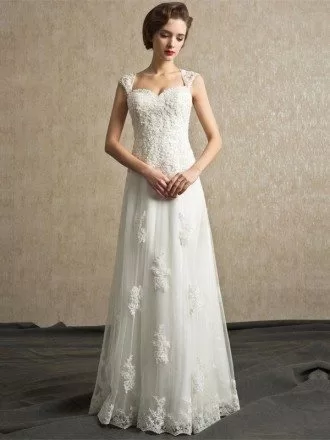 Best Elegant Lace A-line Tulle Wedding Dress Floor Length
