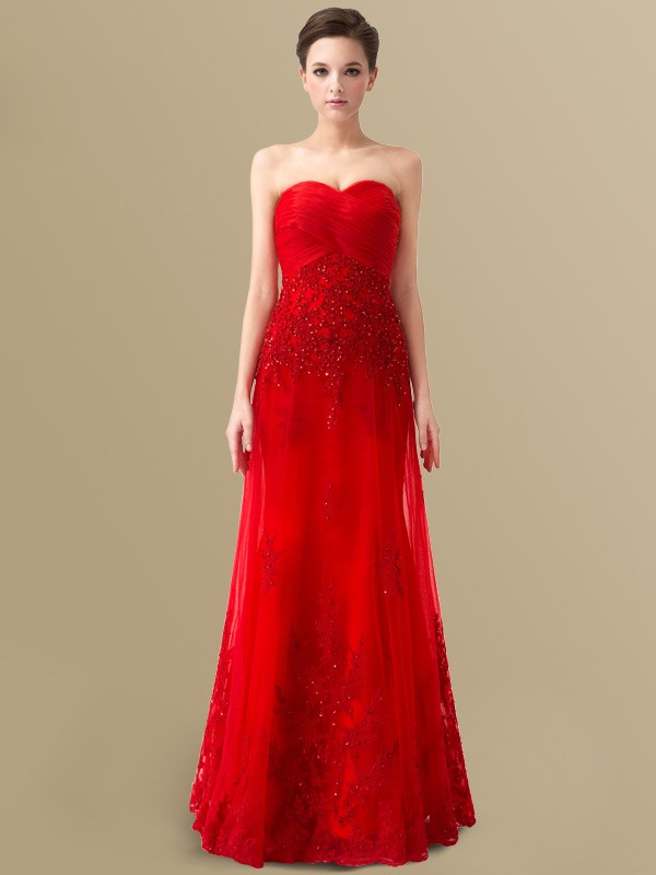 Best Red Lace Tulle Pleated Sweetheart Floor Length