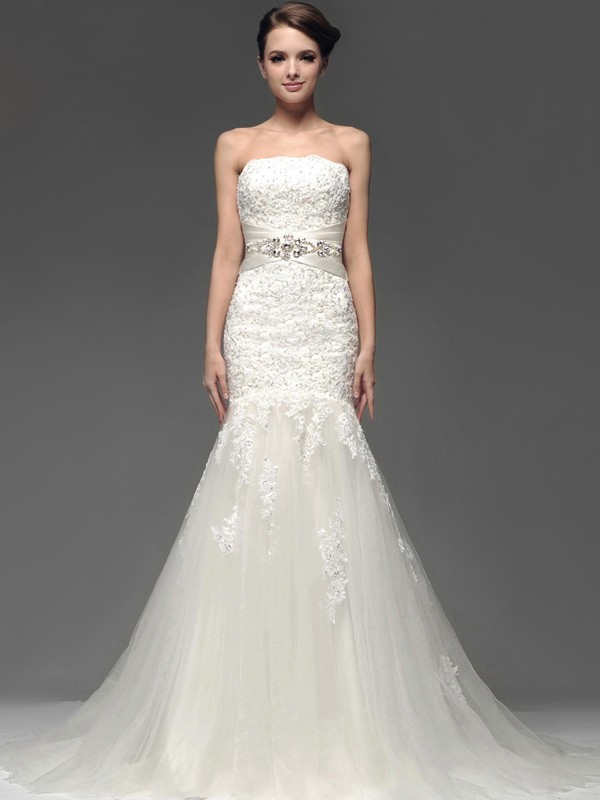 Stunning Strapless Custom Fitted Trumpet Lace Wedding Dress #BS084 $338 ...