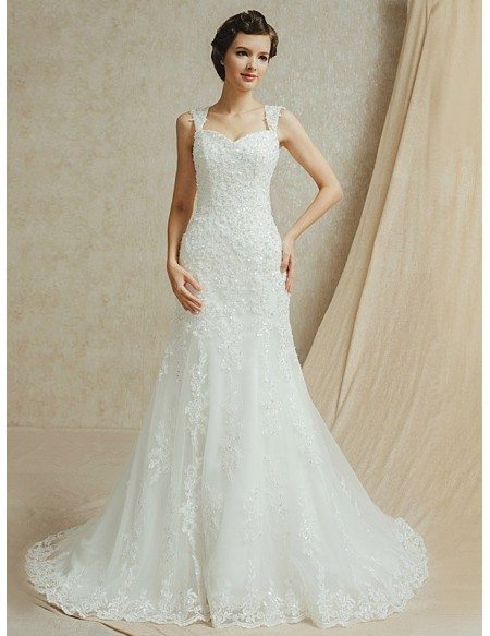 Best Sequined Lace Sweep Train Trumpet Wedding Dress